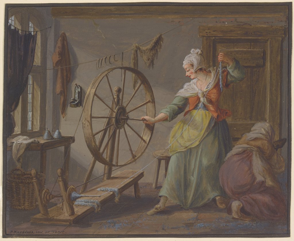 Zwei Frauen, beschäftigt mit Garnhaspeln und Flachshecheln, Pieter Bartholomeusz. Barbiers