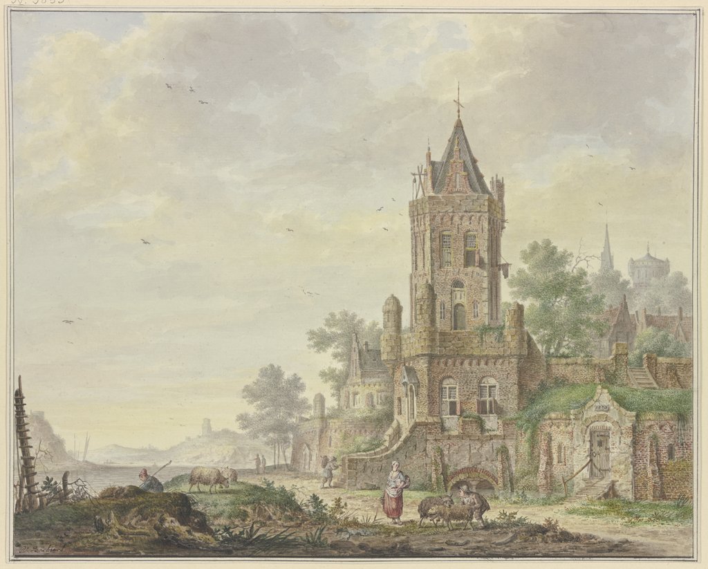 Stadt mit einem alten Turm am Wasser, vorne eine Frau bei einem Knaben mit zwei Schafen, Pieter Bartholomeusz. Barbiers