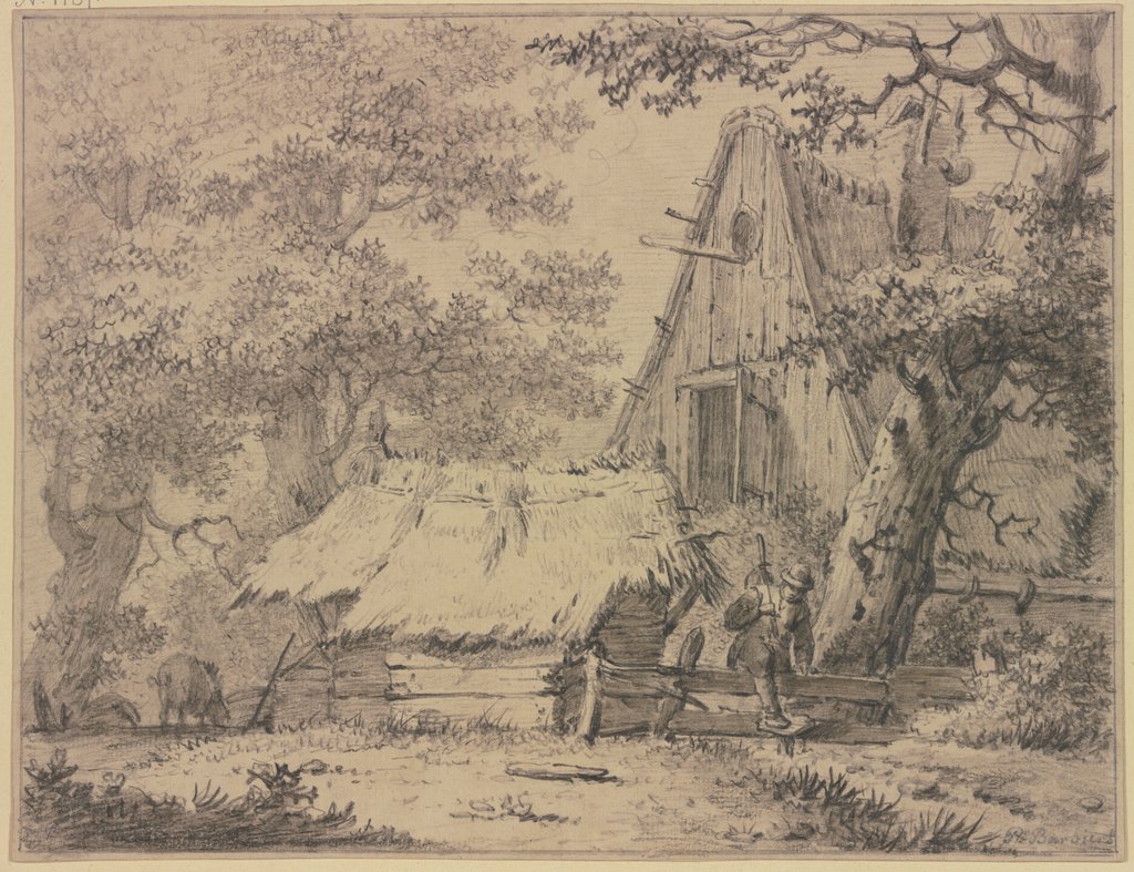 Ein Bauernhaus im Walde, ein Mann steigt über den Zaun, Pieter Pietersz. Barbiers