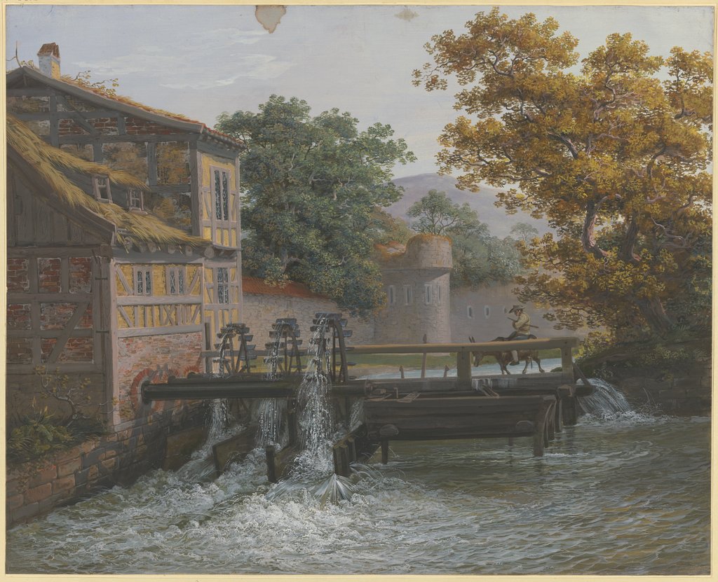 Eine Mühle mit drei Gängen, auf der Brücke ein Mann auf einem Esel, Polyxene Basse