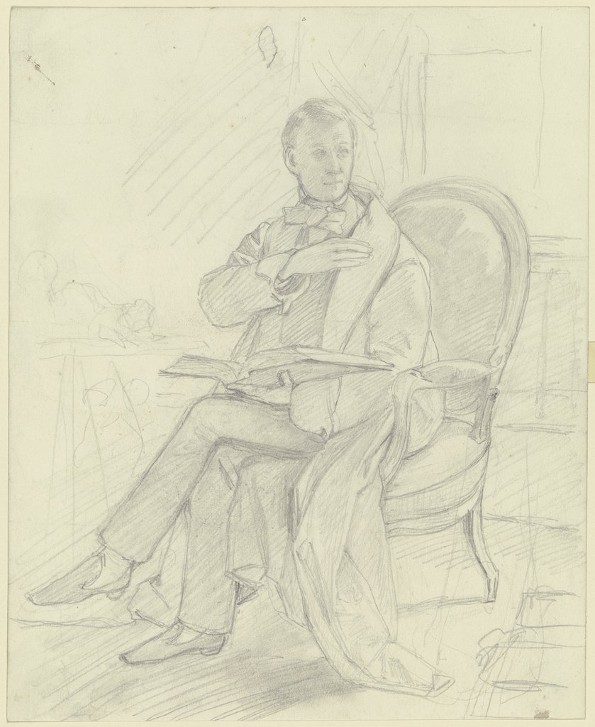 Junger Mann mit Buch in einem Sessel sitzend, Jakob Becker