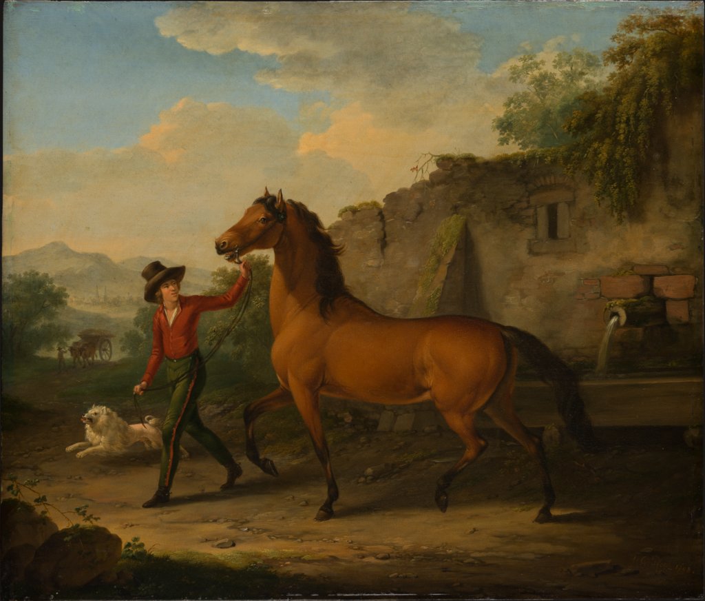 Ein Reitknecht führt einen Hengst von der Tränke fort, Johann Georg Pforr
