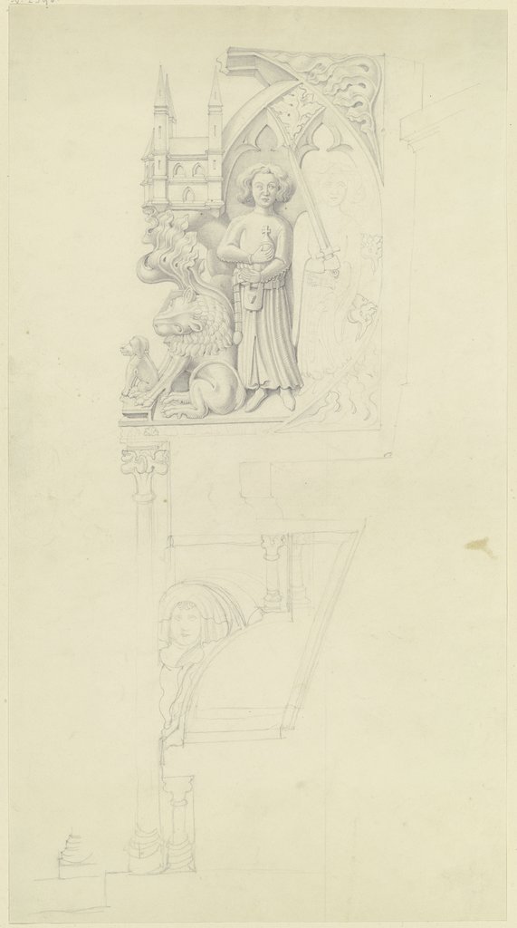 Detail eines Chorstuhles, zwei Kaiser neben dem Modell einer Kirche, zu ihren Füßen ein Löwe und ein Hund, Karl Ballenberger