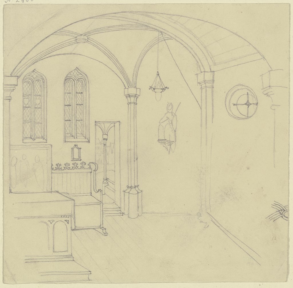 Kapelle, links Altar und Betstuhl, rechts unter einer Lampe ein Heiligenbild, Karl Ballenberger