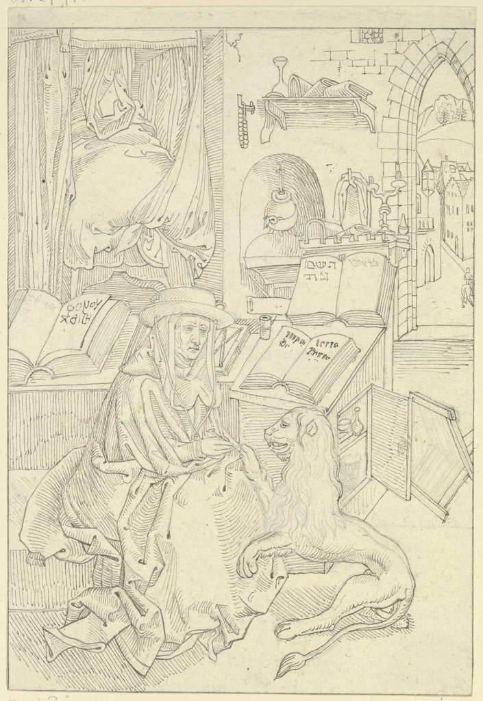 Der Heilige Hieronymus in seiner Zelle, seinem Attributtier den Dorn aus der Tatze ziehend, Karl Ballenberger, nach Albrecht Dürer