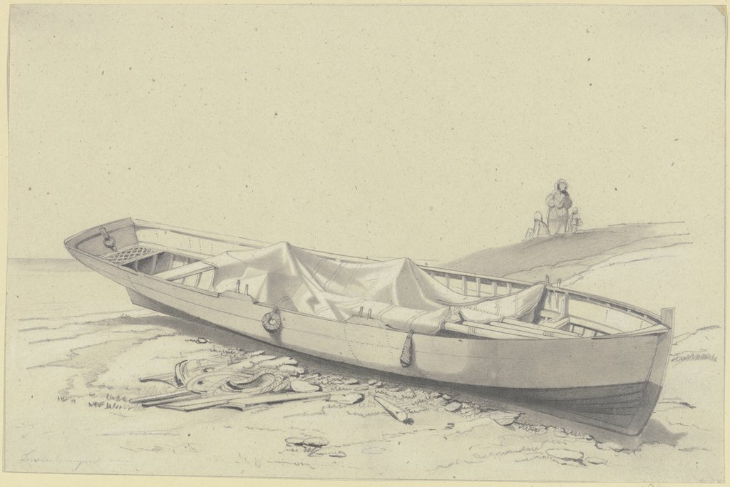 Ein Boot auf dem Strande liegend, in der Ferne drei Figuren, Fritz Bamberger
