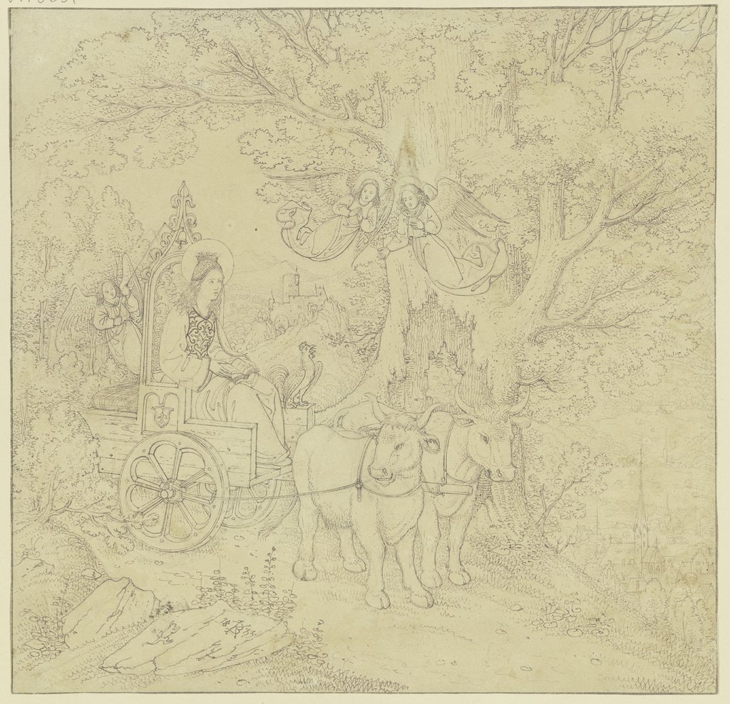 Die Heilige Elisabeth auf einem mit Ochsen bespannten Wagen, von Engeln geleitet, Karl Ballenberger