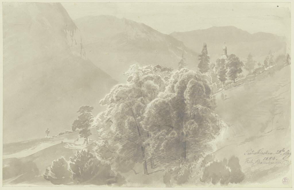 Gebirgslandschaft, im Vordergrund Baumgruppe, aus der ein Kirchturm hervorsieht, Fritz Bamberger