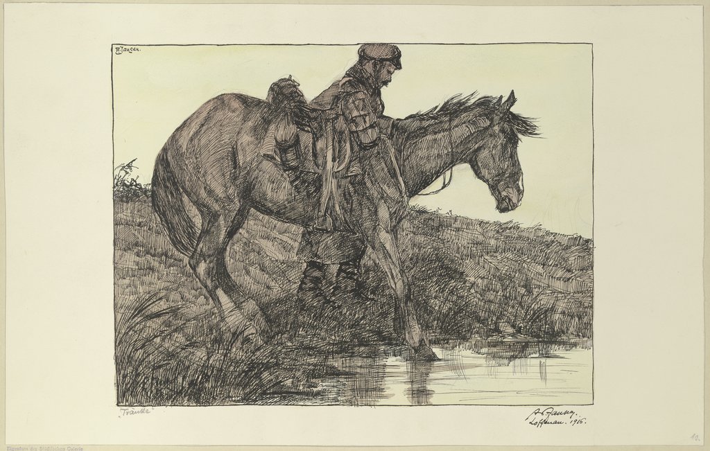 Tränke. Soldat mit Pferd am Wasser, Adolf Jansen