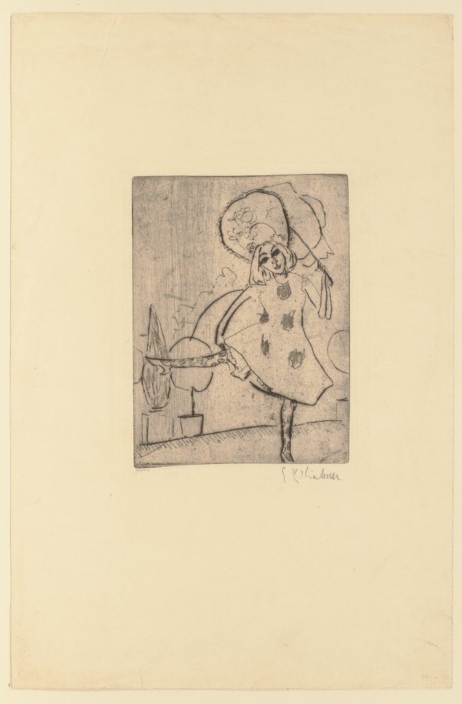 Blonde Pippa in weißem Tanzkostüm mit Schirm, Ernst Ludwig Kirchner