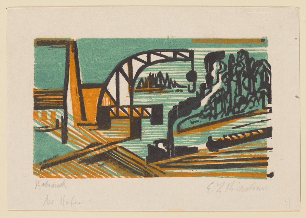 Flusslandschaft mit Kran und Schleppzug, Ernst Ludwig Kirchner