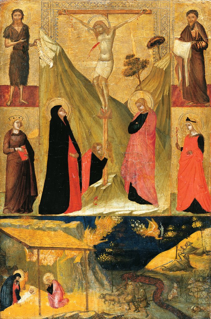 Kreuzigung und Geburt Christi mit Heiligen, Ambrogio Lorenzetti