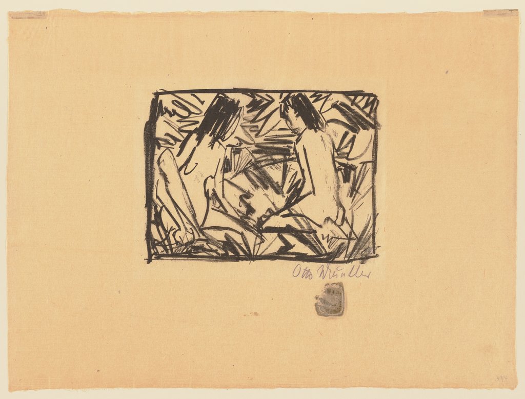 Ein sitzendes und ein kniendes Mädchen unter Blättern, Otto Mueller