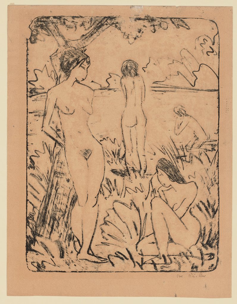 Ein am Baum stehendes, ein sitzendes und zwei badende Mädchen III, Otto Mueller