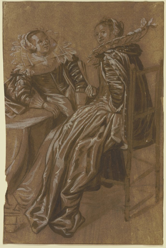 Zwei reichgekleidete holländische Frauen an einem Tisch sitzend, die vordere hat ihr Gesicht gegen den Beschauer gedreht, die weiter zurücksitzende blickt auf die erstere, Dirck Hals